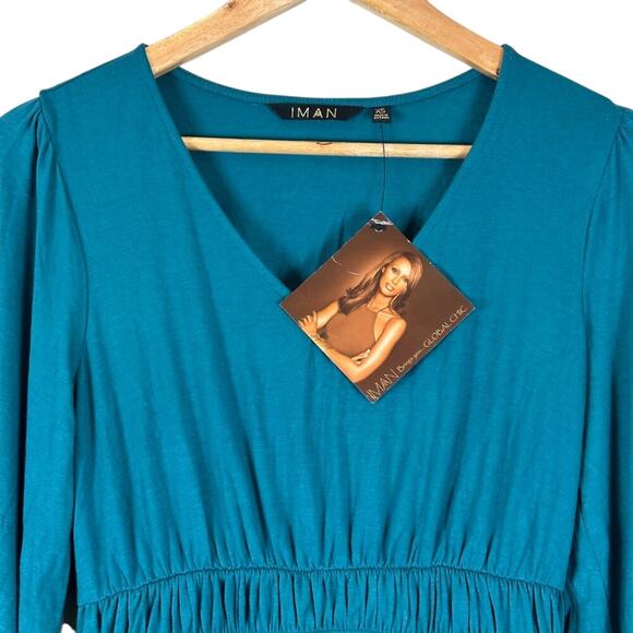 NWT IMAN Peplum Top Womens XS Blue V-Neck Smocked Balloon Sleeve Lightweight - Picture 3 of 6